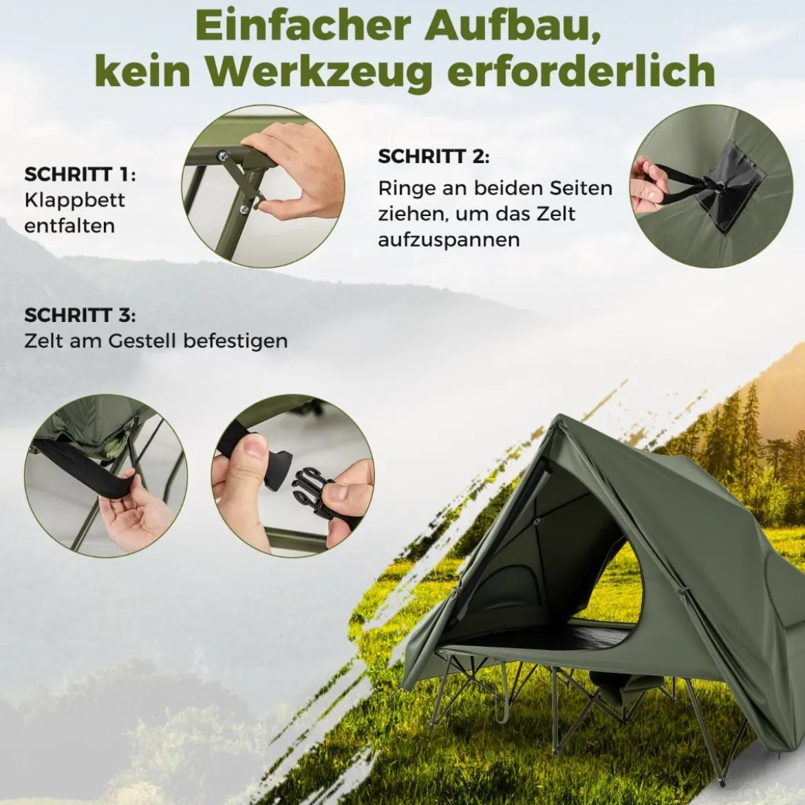 Feldbett mit Zelt für 2 Personen Campingbett mit Regenschutz & 2 Netztüren & Fenster & Rolltasche