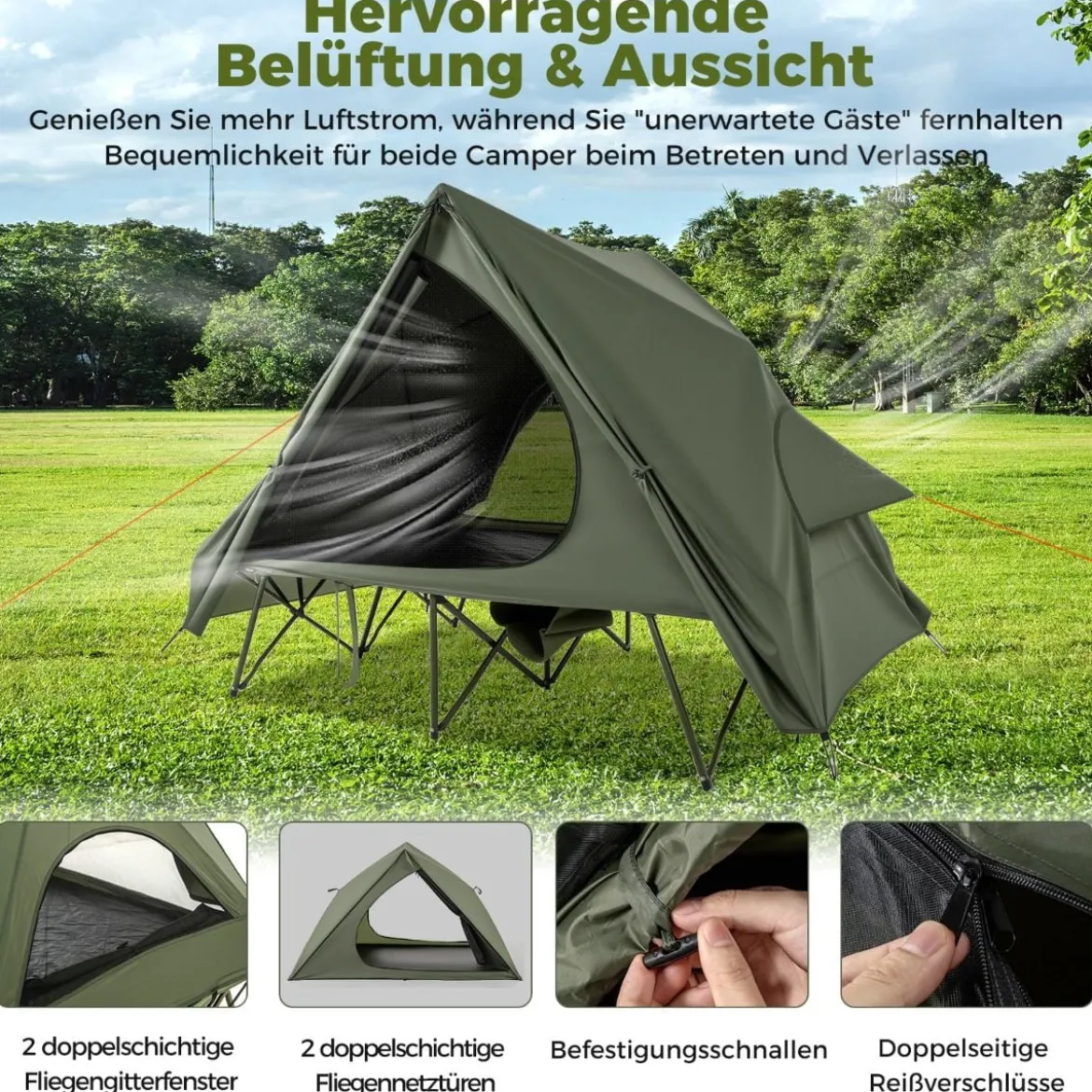 Feldbett mit Zelt für 2 Personen Campingbett mit Regenschutz & 2 Netztüren & Fenster & Rolltasche