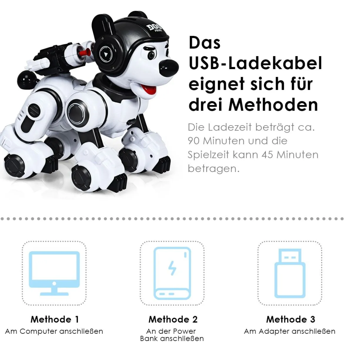 Ferngesteuert Hund Roboter Roboterhund intelligent Roboter-Spielzeug 18 x 25 x 25 cm Schwarz + Weiß