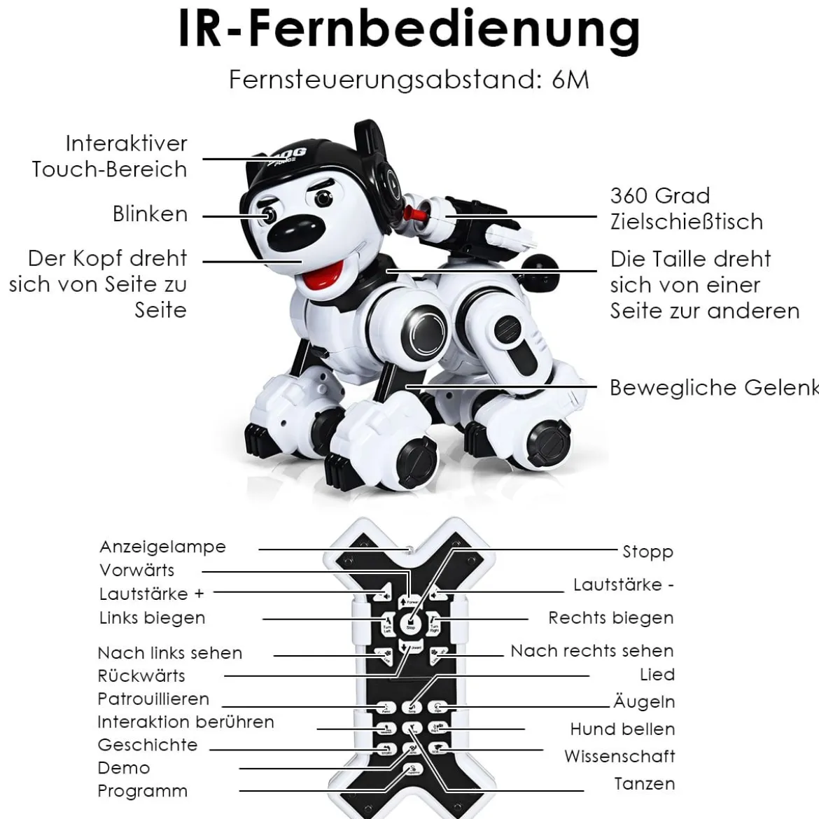 Ferngesteuert Hund Roboter Roboterhund intelligent Roboter-Spielzeug 18 x 25 x 25 cm Schwarz + Weiß