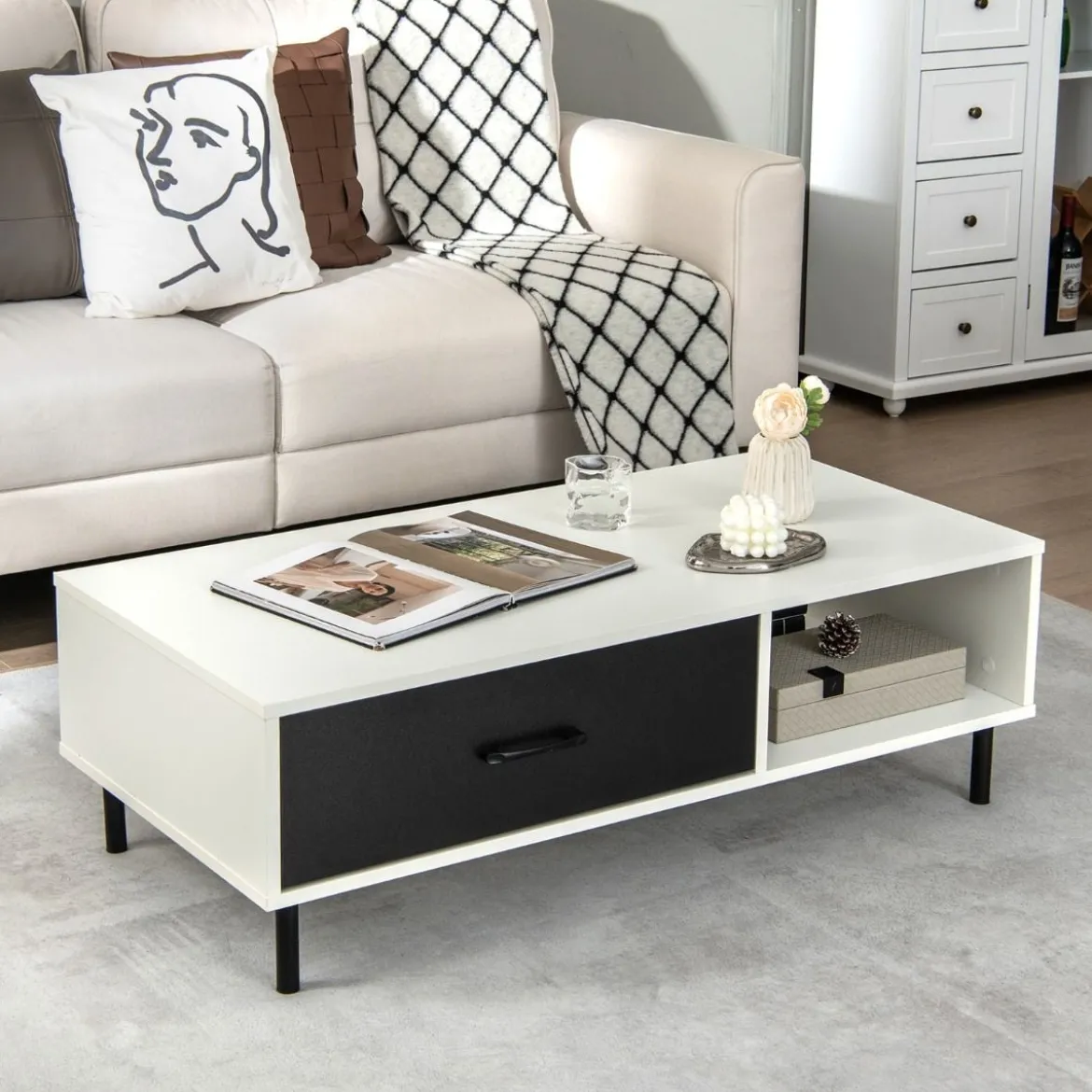 Fernsehschrank für TVs bis zu 50" mit Schublade & offenem Regal TV Schrank modern Weiß + Schwarz