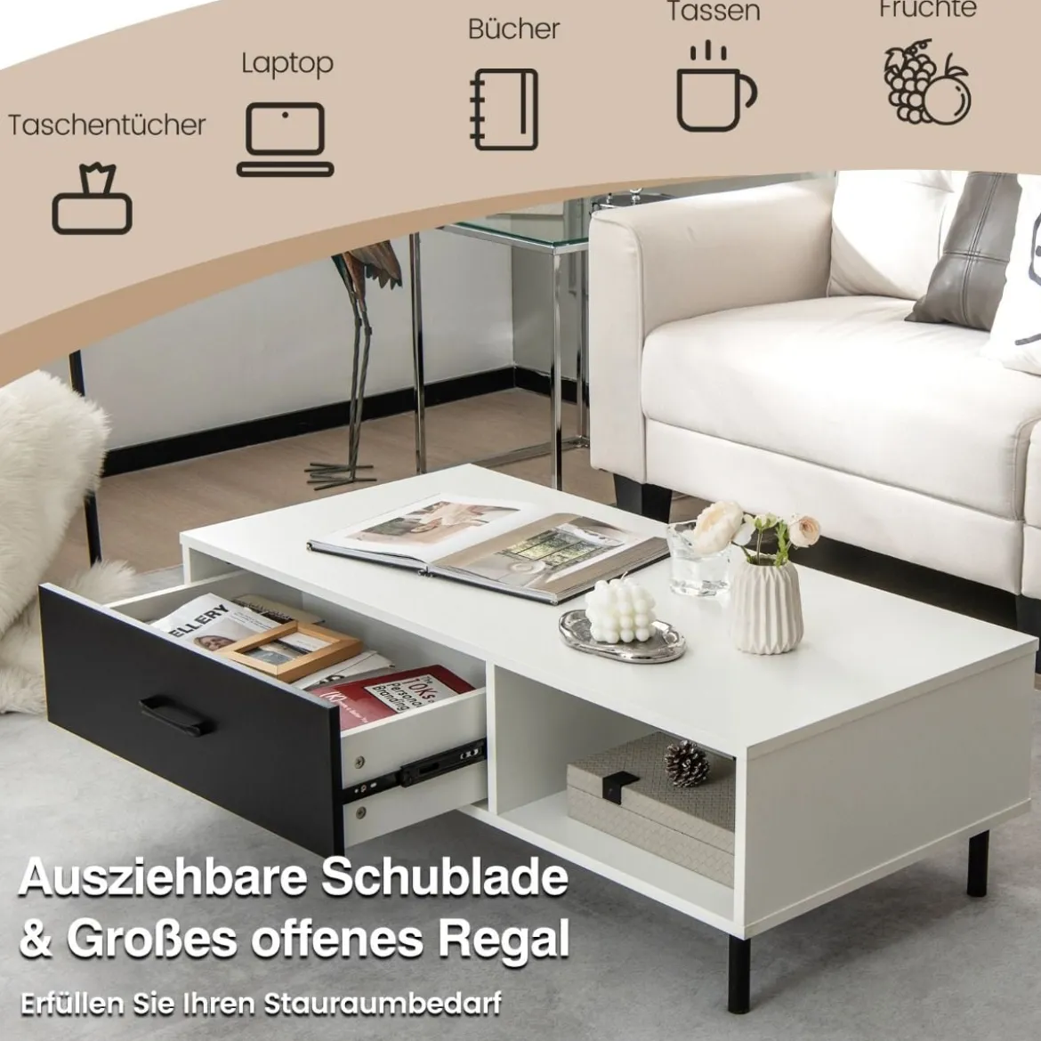 Fernsehschrank für TVs bis zu 50" mit Schublade & offenem Regal TV Schrank modern Weiß + Schwarz