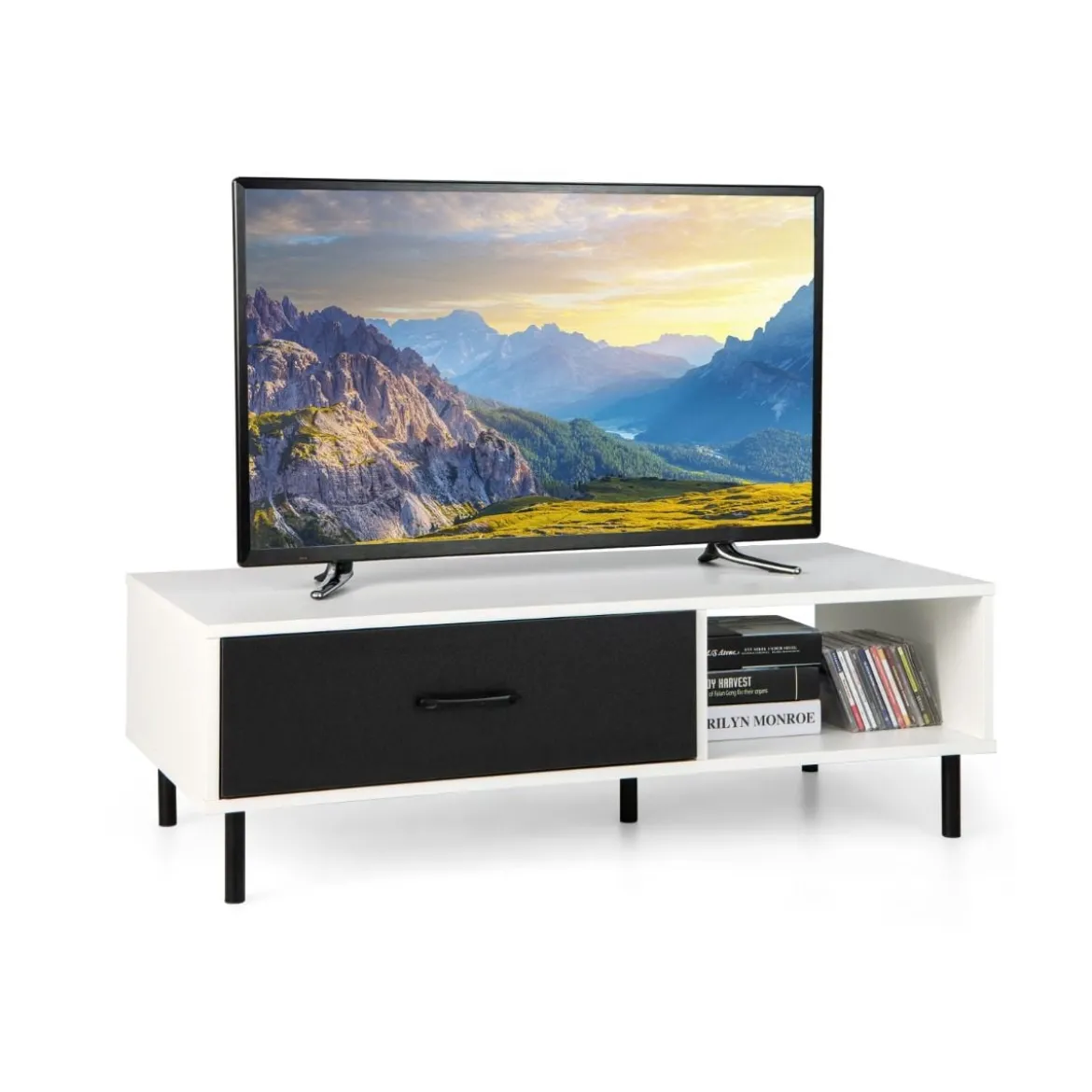 Fernsehschrank für TVs bis zu 50" mit Schublade & offenem Regal TV Schrank modern Weiß + Schwarz