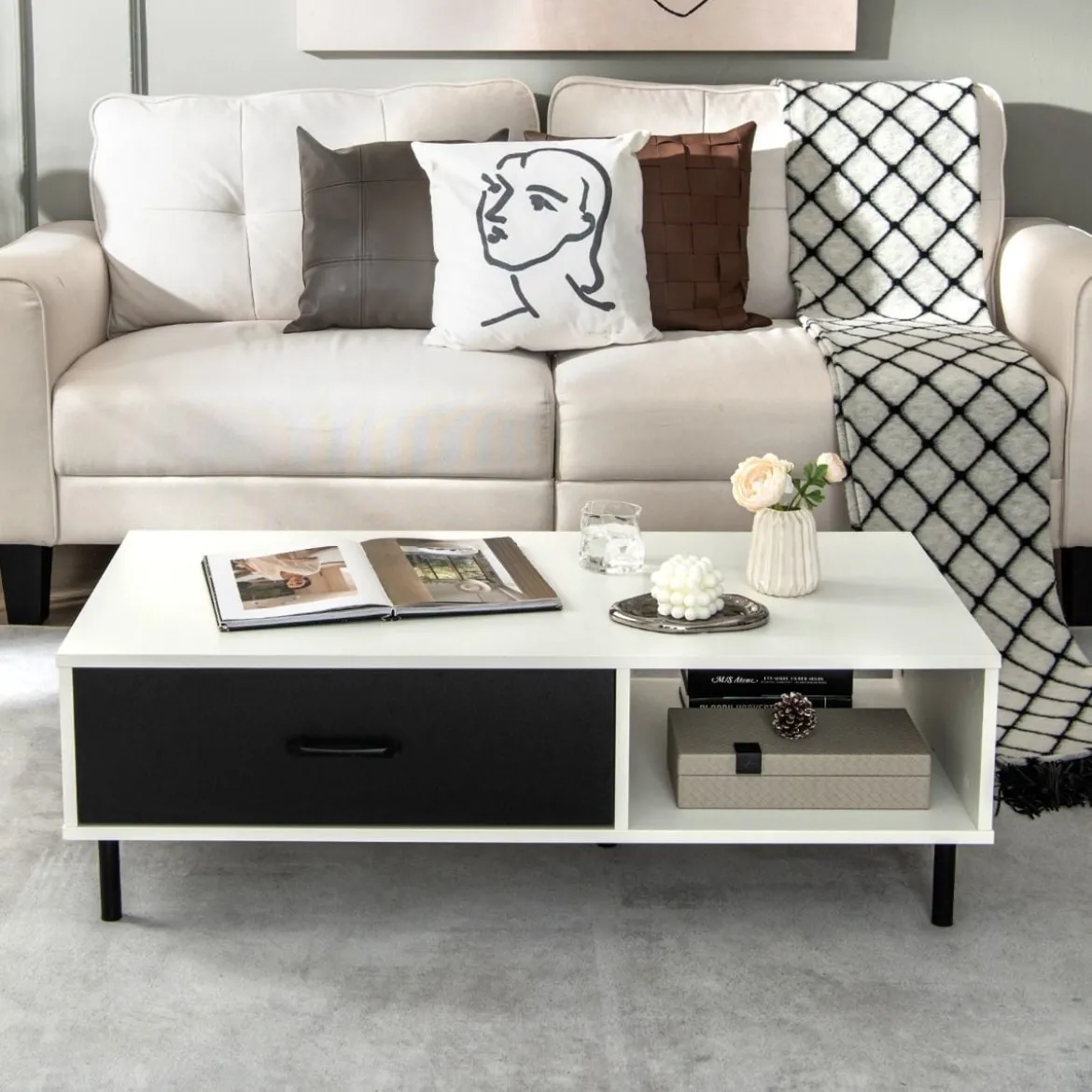 Fernsehschrank für TVs bis zu 50" mit Schublade & offenem Regal TV Schrank modern Weiß + Schwarz