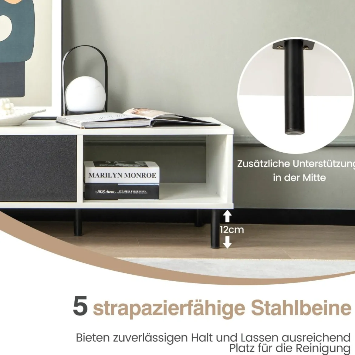Fernsehschrank für TVs bis zu 50" mit Schublade & offenem Regal TV Schrank modern Weiß + Schwarz