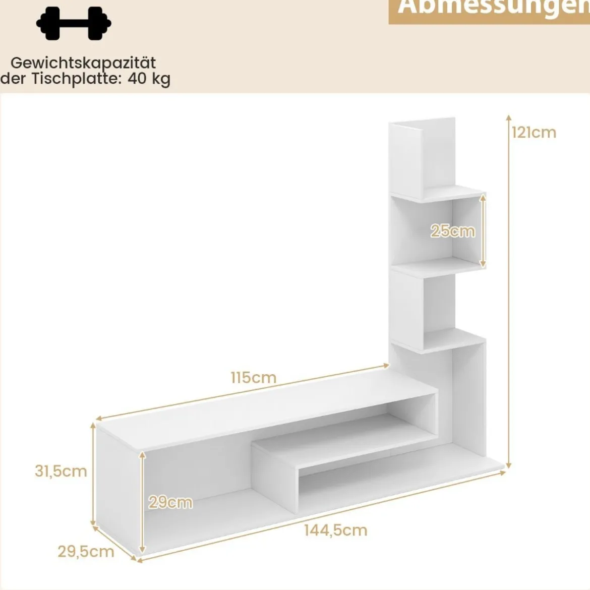 Fernsehschrank Holz Fernsehtisch mit Bücherregal für TVs bis zu 50" 144,5 x 29,5 x 121 cm Braun/Weiß