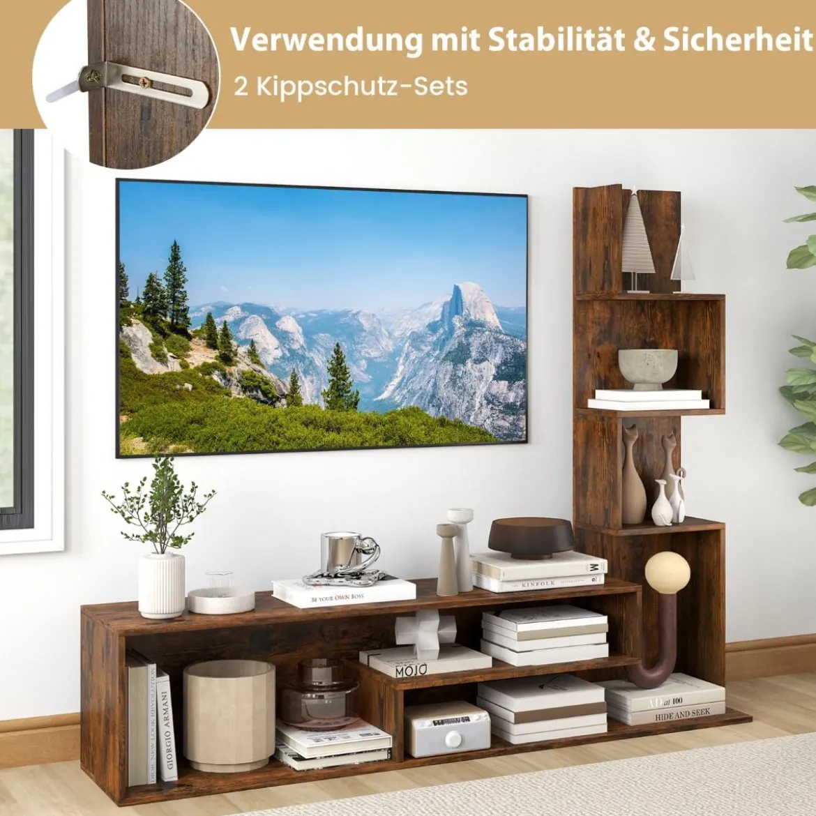 Fernsehschrank Holz Fernsehtisch mit Bücherregal für TVs bis zu 50" 144,5 x 29,5 x 121 cm Braun/Weiß
