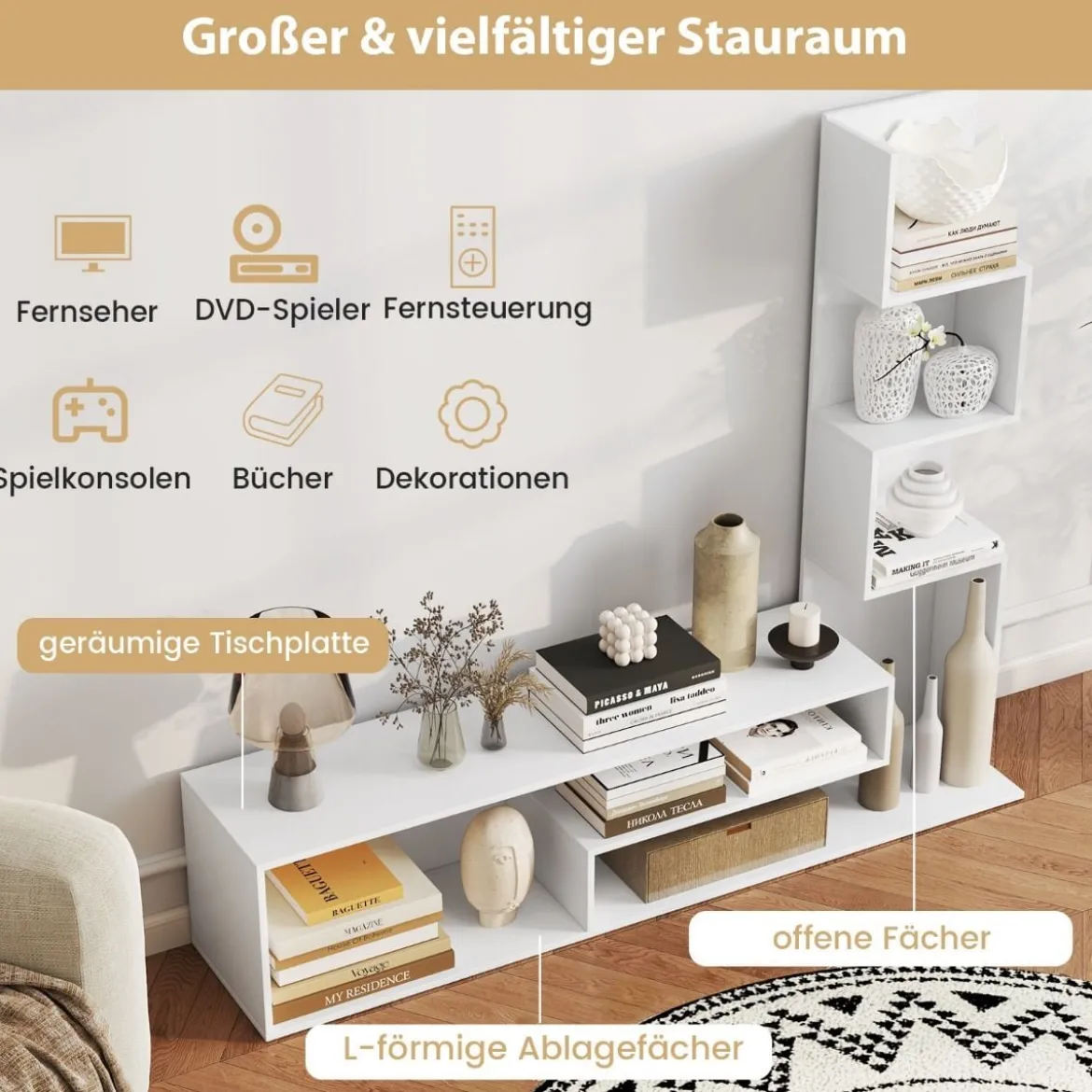 Fernsehschrank Holz Fernsehtisch mit Bücherregal für TVs bis zu 50" 144,5 x 29,5 x 121 cm Braun/Weiß