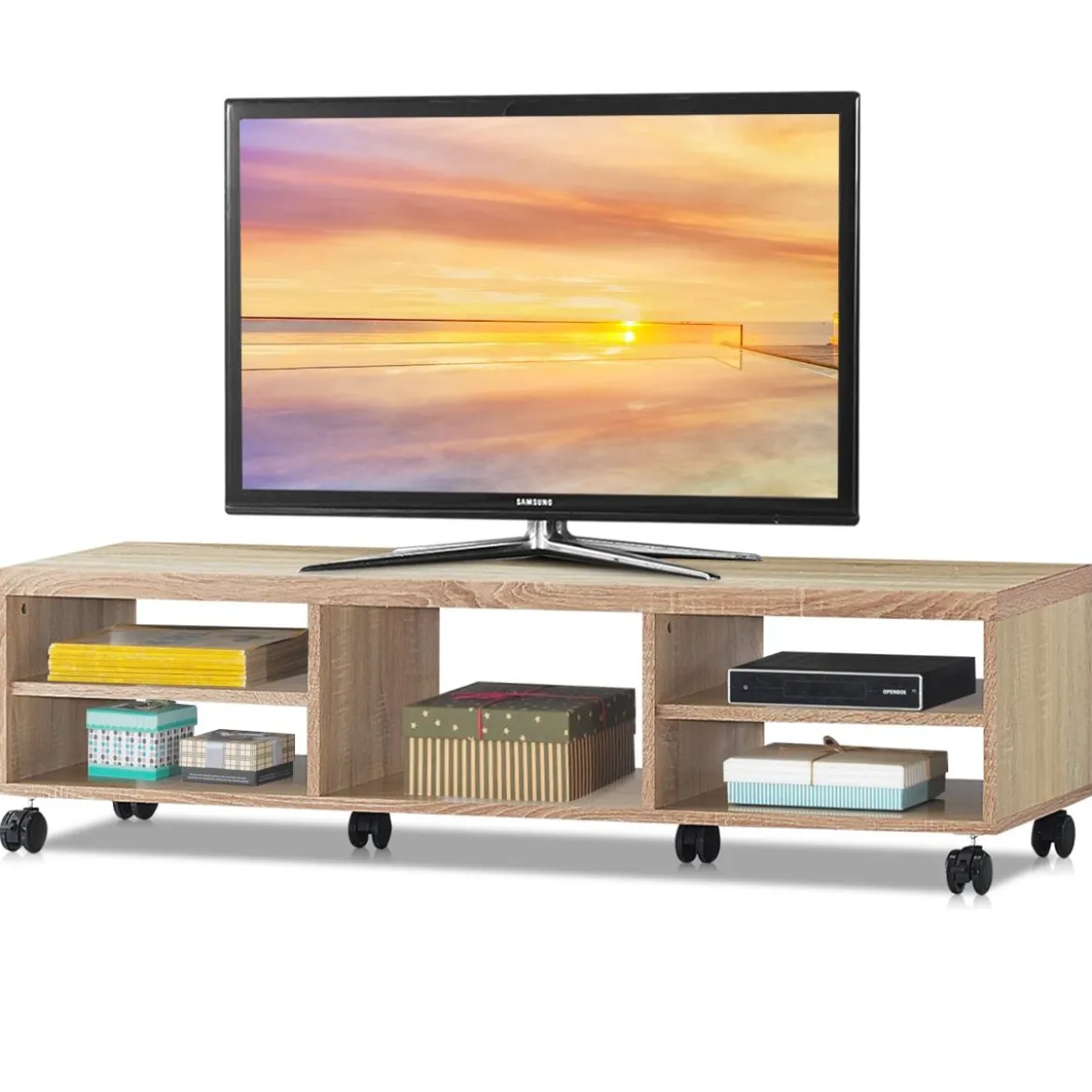 Fernsehschrank Holz mit 5 offenen Fächern TV Schrank mit Rädern Natur