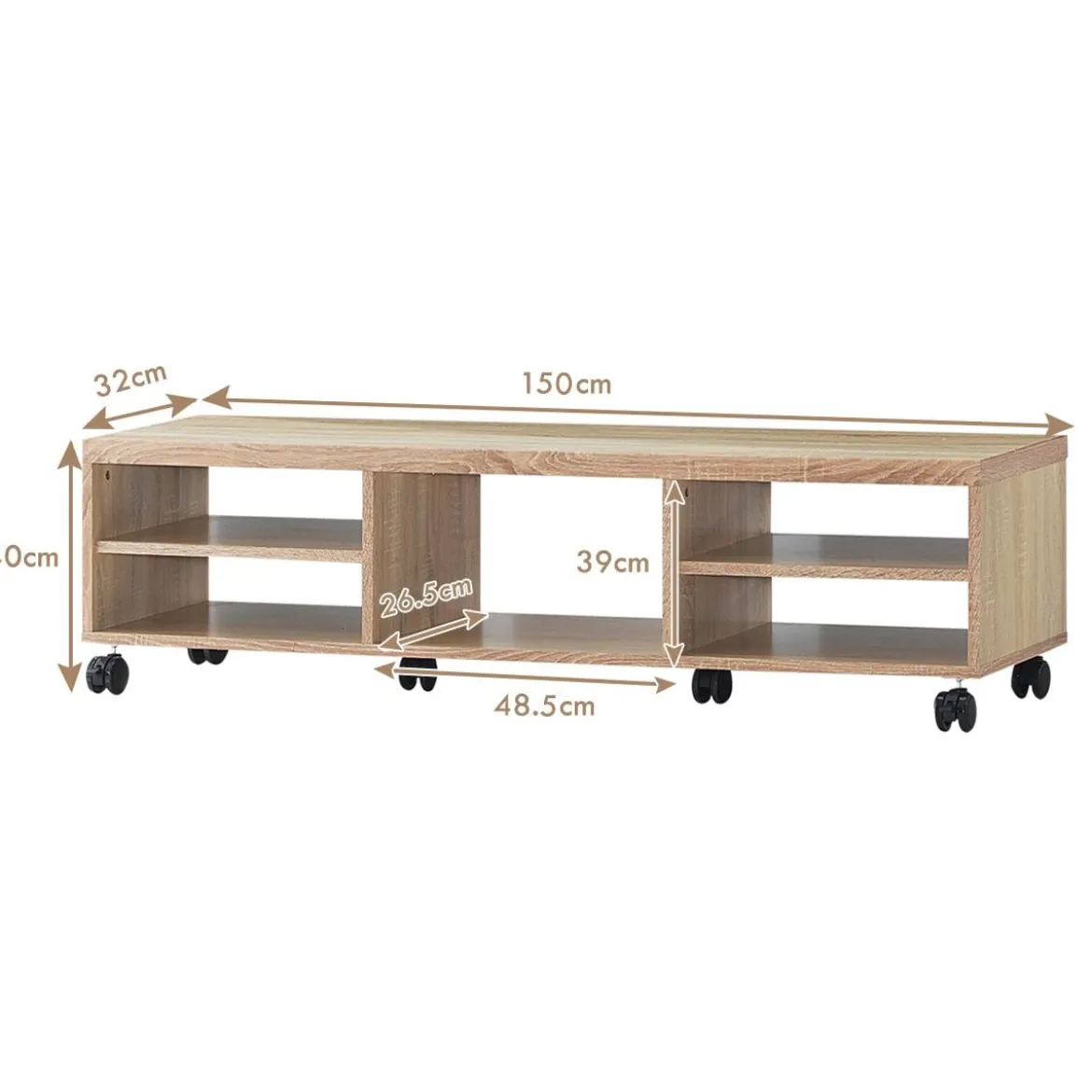 Fernsehschrank Holz mit 5 offenen Fächern TV Schrank mit Rädern Natur