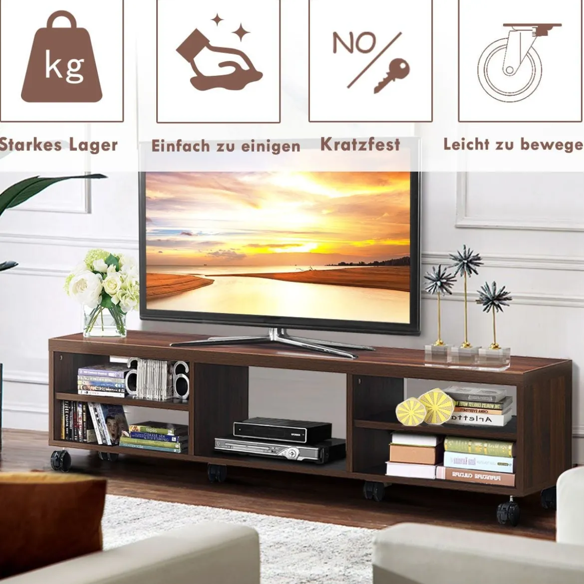 Fernsehschrank Holz mit 5 offenen Fächern TV Schrank mit Rädern Braun
