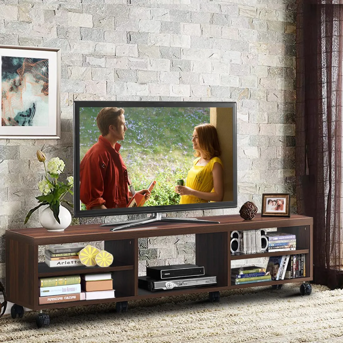 Fernsehschrank Holz mit 5 offenen Fächern TV Schrank mit Rädern Braun
