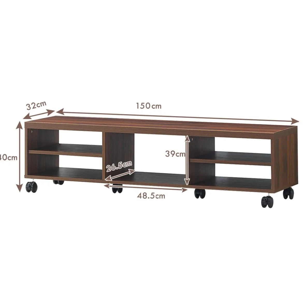 Fernsehschrank Holz mit 5 offenen Fächern TV Schrank mit Rädern Braun