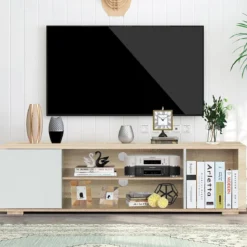 Fernsehschrank TV Lowboard mit Schrank und 3 offenen Fächern TV Schrank Landhausstil Natur
