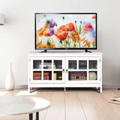 Fernsehtisch für Fernseher bis zu 50 Zoll Lowboard mit 4 Staufächern Vintage TV Board TV Schrank Weiß