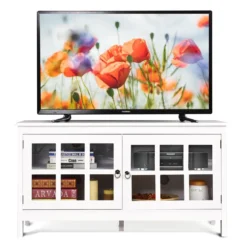 Fernsehtisch für Fernseher bis zu 50 Zoll Lowboard mit 4 Staufächern Vintage TV Board TV Schrank Weiß