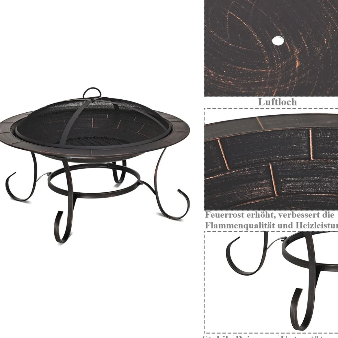 Feuerstelle Garten Grill Feuerkorb mit Funkenhaube 76 x 76 x 53 cm Schwarz