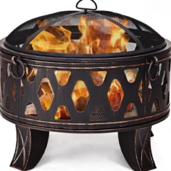 Feuerstelle Garten Terrasse mit Funkenschutz und Schürhaken 71 x 71 x 60 cm