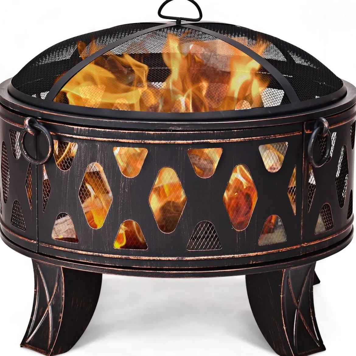 Feuerstelle Garten Terrasse mit Funkenschutz und Schürhaken 71 x 71 x 60 cm