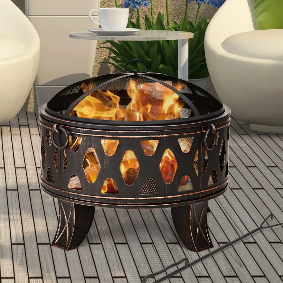 Feuerstelle Garten Terrasse mit Funkenschutz und Schürhaken 71 x 71 x 60 cm
