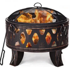 Feuerstelle Garten Terrasse mit Funkenschutz und Schürhaken 71 x 71 x 60 cm