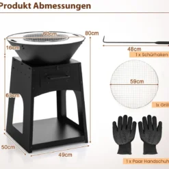 Feuerstelle mit Grillrost Aschekasten unterem Staufach Feuerschale 60 x 80 cm Schwarz