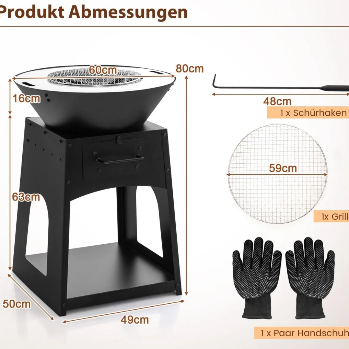 Feuerstelle mit Grillrost Aschekasten unterem Staufach Feuerschale 60 x 80 cm Schwarz