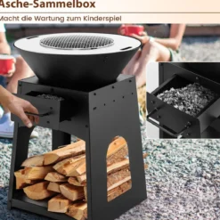 Feuerstelle mit Grillrost Aschekasten unterem Staufach Feuerschale 60 x 80 cm Schwarz