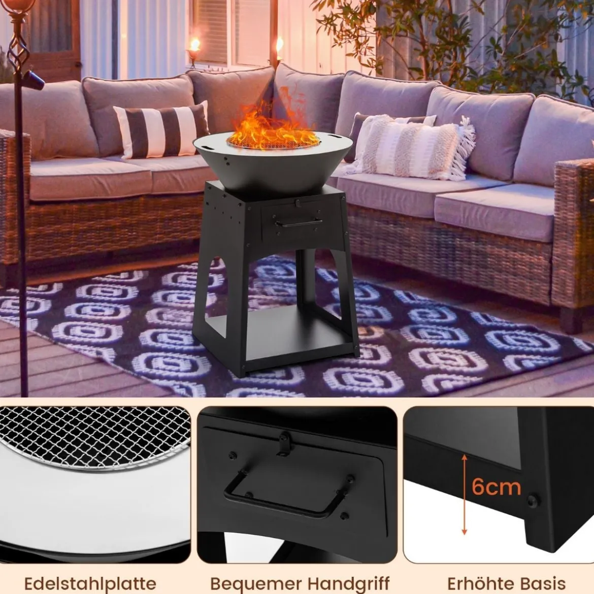 Feuerstelle mit Grillrost Aschekasten unterem Staufach Feuerschale 60 x 80 cm Schwarz