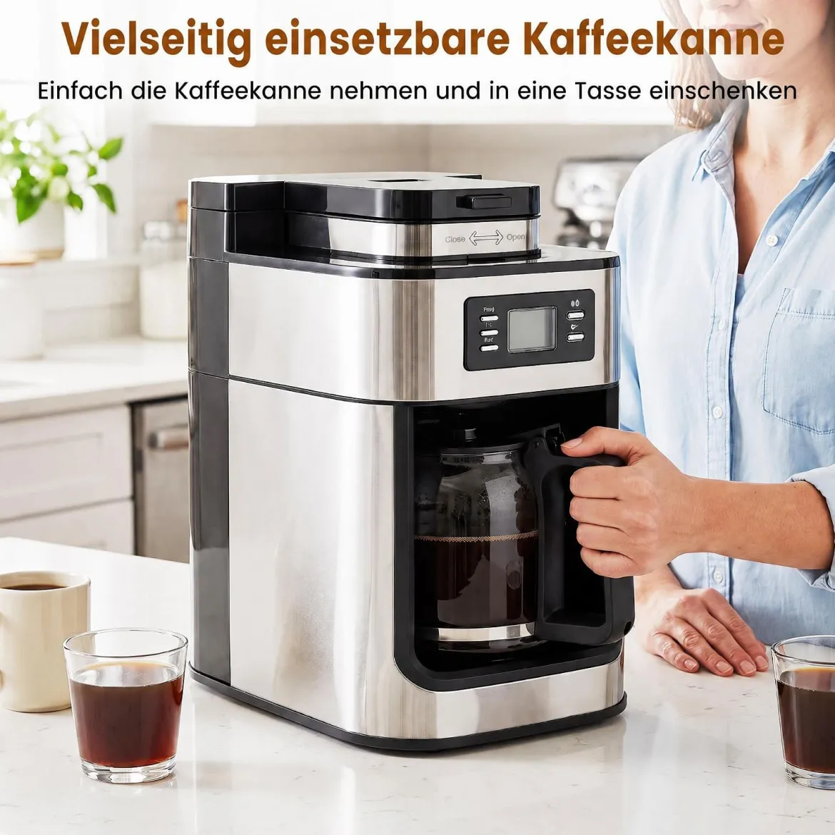 Filterkaffeemaschine mit Glaskanne 8 Tassen Kompakte Kaffeemaschine mit Mahl- und Brühfunktion