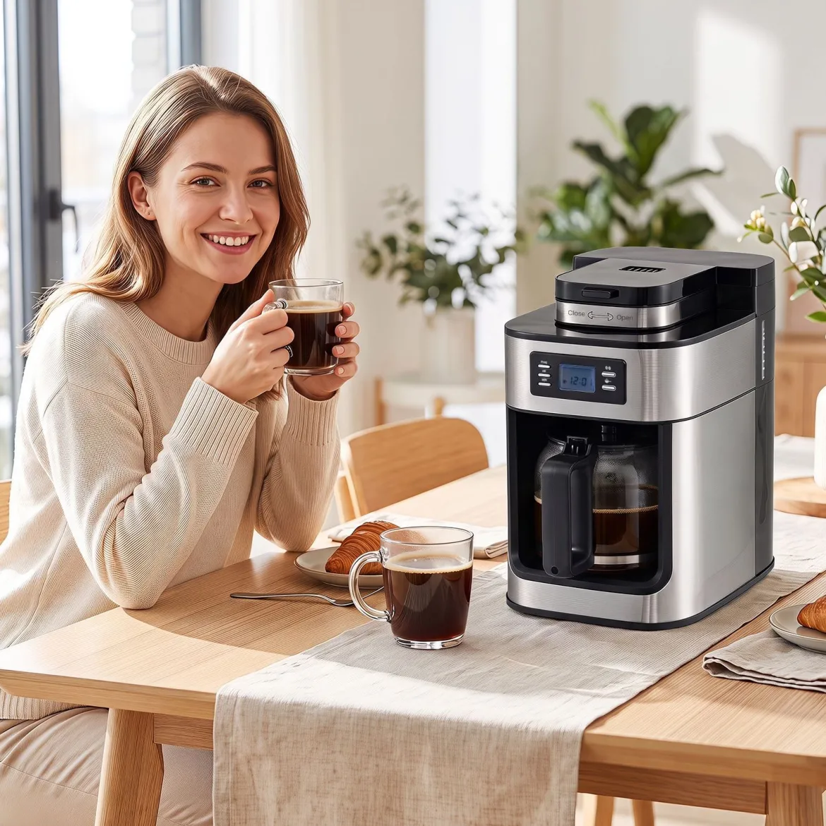Filterkaffeemaschine mit Glaskanne 8 Tassen Kompakte Kaffeemaschine mit Mahl- und Brühfunktion