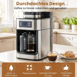 Filterkaffeemaschine mit Glaskanne 8 Tassen Kompakte Kaffeemaschine mit Mahl- und Brühfunktion