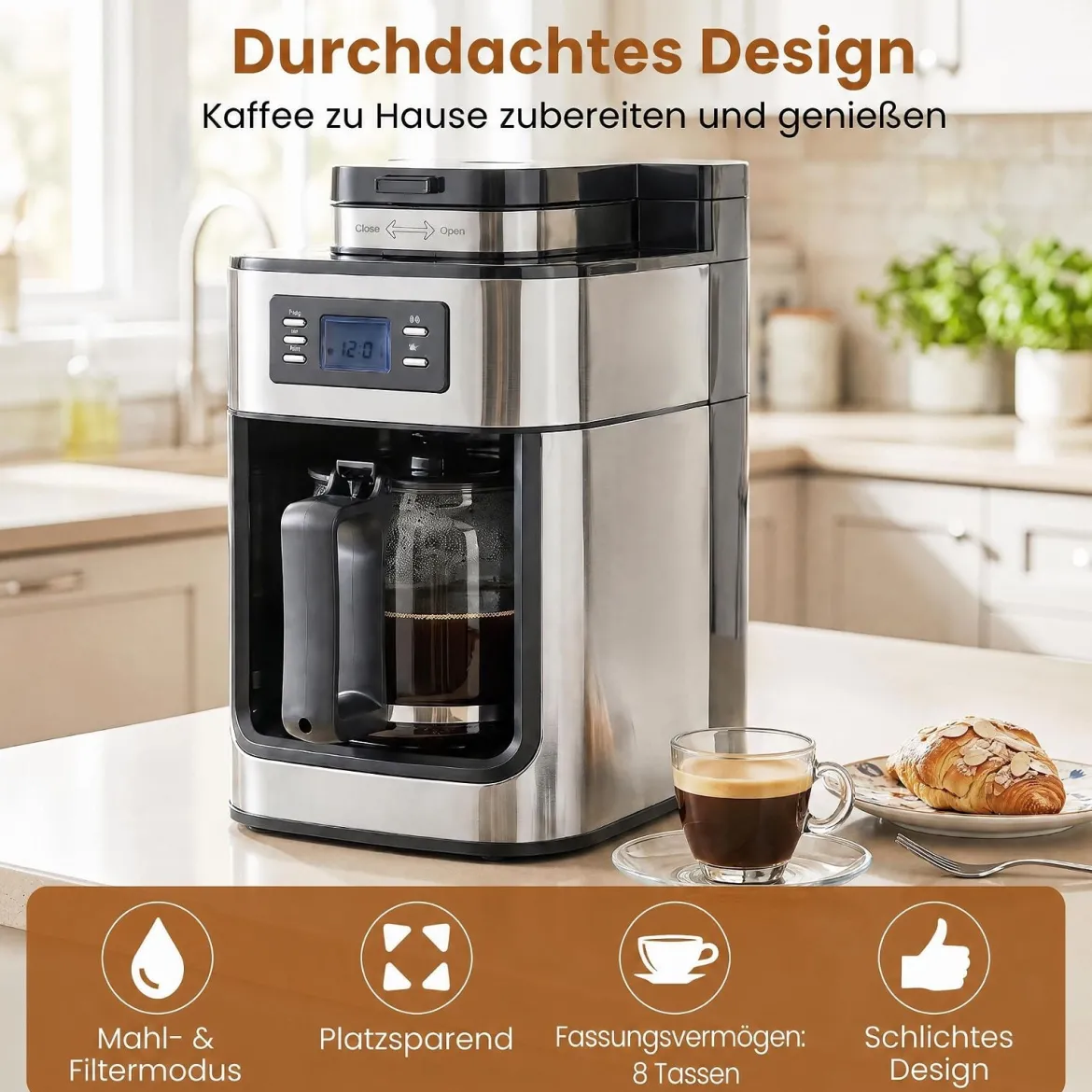 Filterkaffeemaschine mit Glaskanne 8 Tassen Kompakte Kaffeemaschine mit Mahl- und Brühfunktion