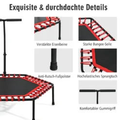 Fitness-Trampolin Übungstrampolin mit verstellbarem Griff Sicheres Trampolin 129 x 114 x 96-112 cm Rot