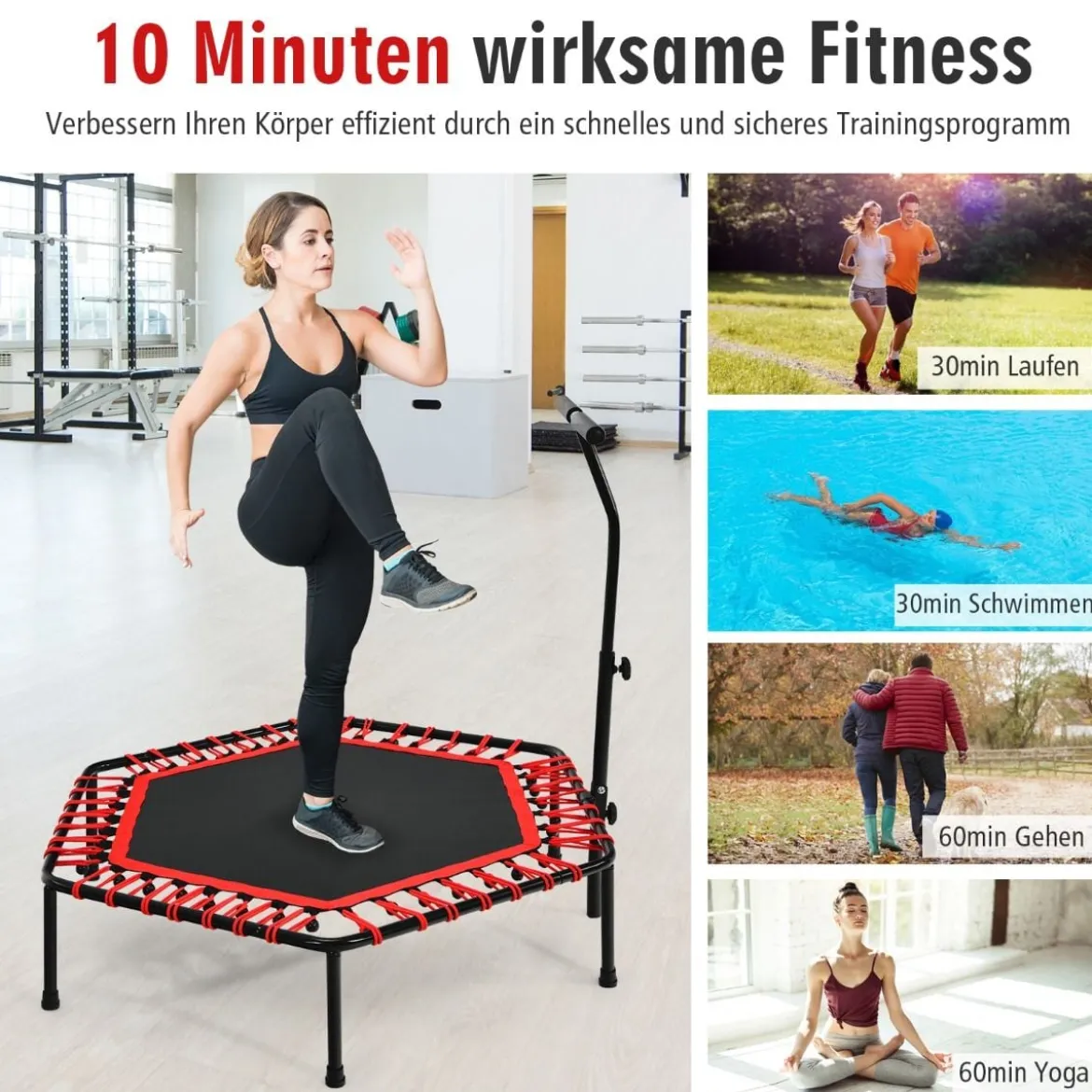 Fitness-Trampolin Übungstrampolin mit verstellbarem Griff Sicheres Trampolin 129 x 114 x 96-112 cm Rot