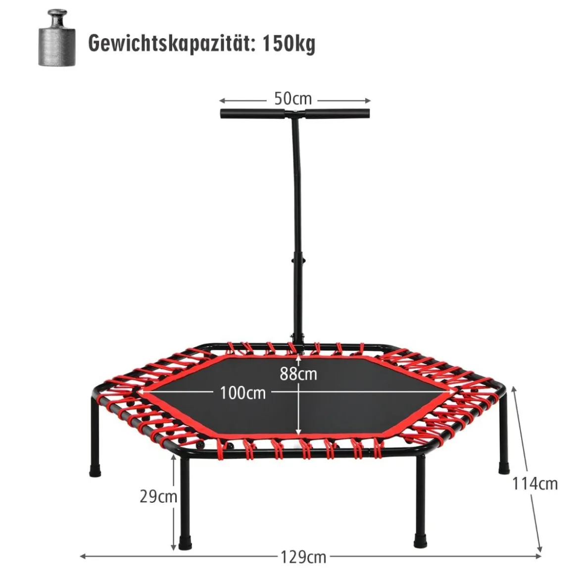Fitness-Trampolin Übungstrampolin mit verstellbarem Griff Sicheres Trampolin 129 x 114 x 96-112 cm Rot