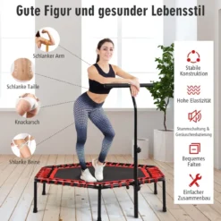 Fitness-Trampolin Übungstrampolin mit verstellbarem Griff Sicheres Trampolin 129 x 114 x 96-112 cm Rot