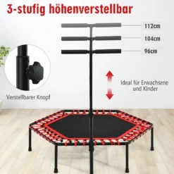 Fitness-Trampolin Übungstrampolin mit verstellbarem Griff Sicheres Trampolin 129 x 114 x 96-112 cm Rot