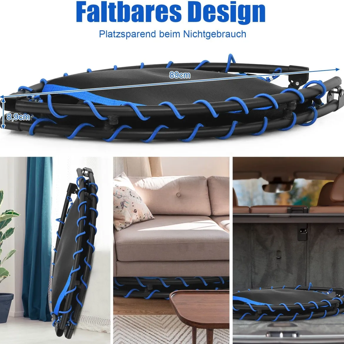 Fitness-Trampolin mit Sicherheitspads Mini Trampolin faltbar φ120 x 26 cm Schwarz und Blau
