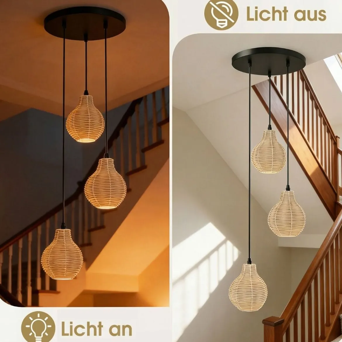 3-flammige Boho Rattan Hängeleuchte handgewebter natürlicher Korb-Kronleuchter mit verstellbarer Höhe Beige