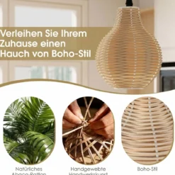 3-flammige Boho Rattan Hängeleuchte handgewebter natürlicher Korb-Kronleuchter mit verstellbarer Höhe Beige