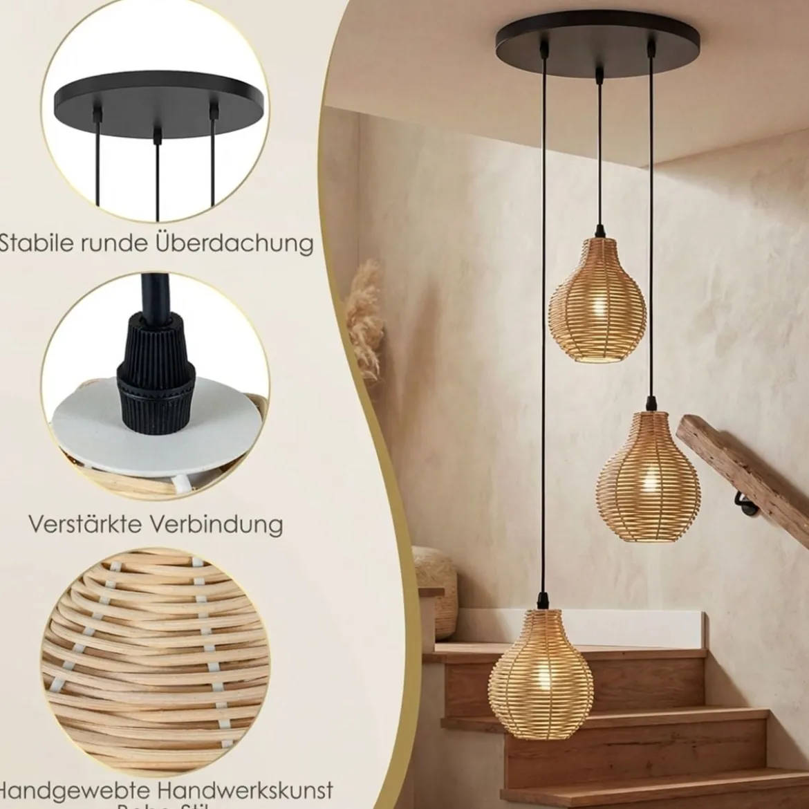 3-flammige Boho Rattan Hängeleuchte handgewebter natürlicher Korb-Kronleuchter mit verstellbarer Höhe Beige