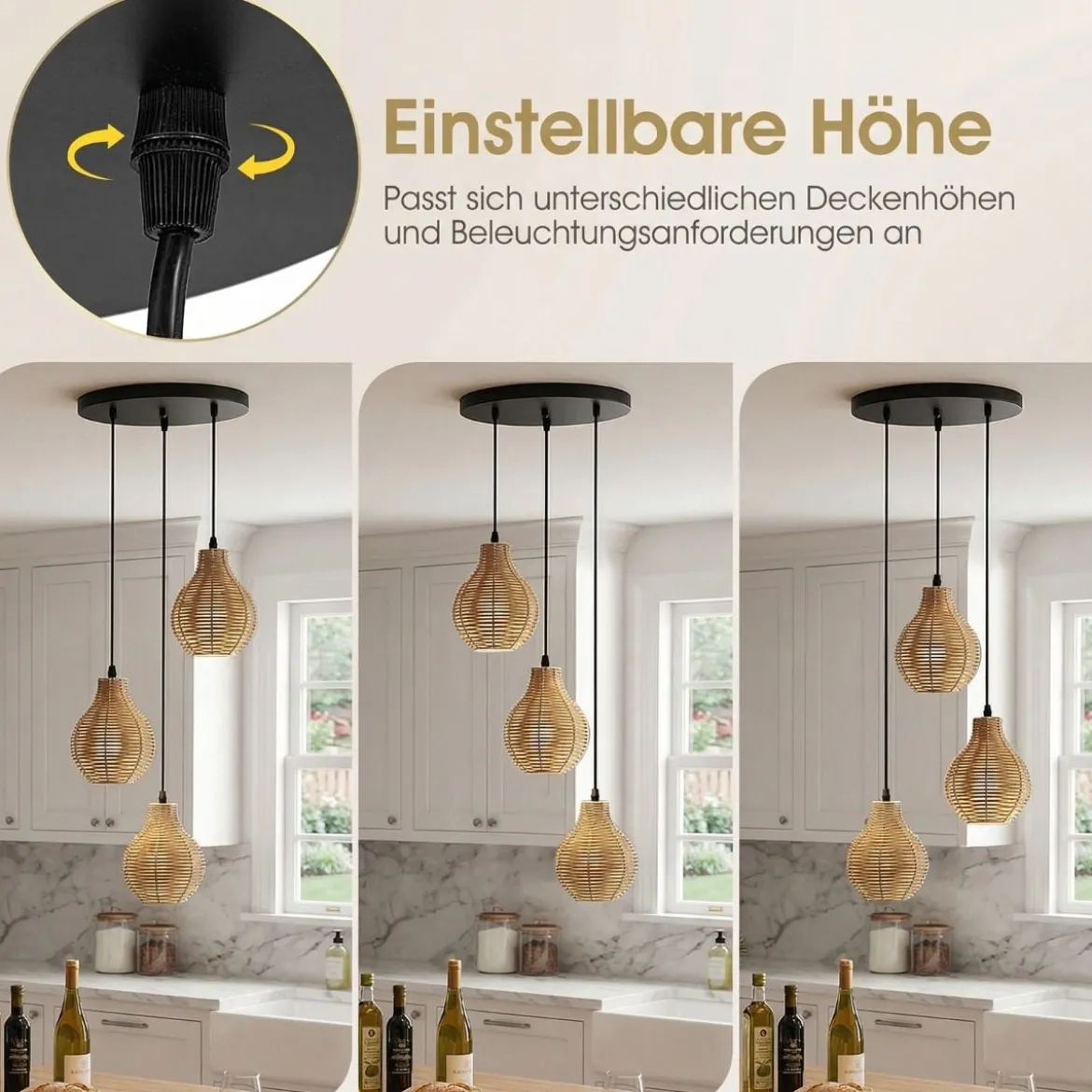 3-flammige Boho Rattan Hängeleuchte handgewebter natürlicher Korb-Kronleuchter mit verstellbarer Höhe Beige