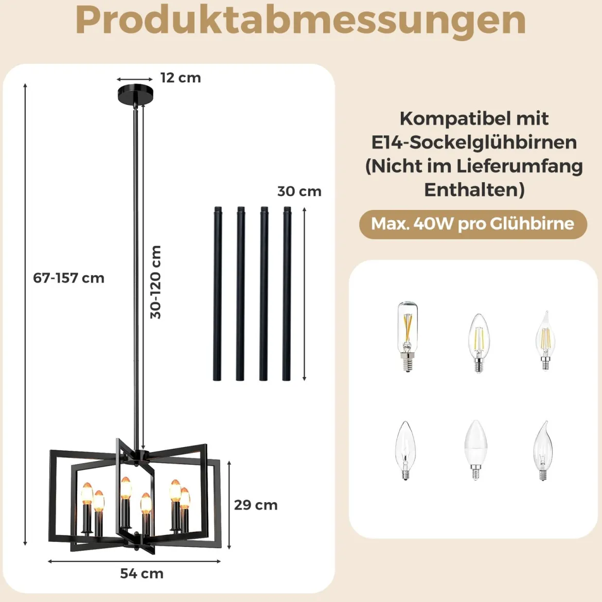 6-flammiger Kronleuchter Deckenleuchte industriell Pendelleuchte mit 67-157 cm verstellbarer Höhe Schwarz