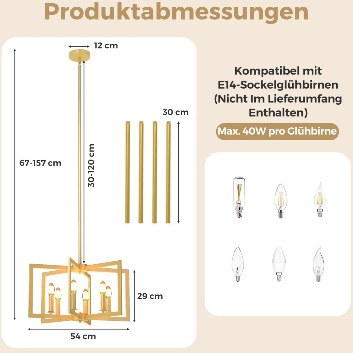 6-flammiger Kronleuchter Deckenleuchte industriell Pendelleuchte mit 67-157 cm verstellbarer Höhe Golden