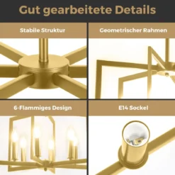 6-flammiger Kronleuchter Deckenleuchte industriell Pendelleuchte mit 67-157 cm verstellbarer Höhe Golden