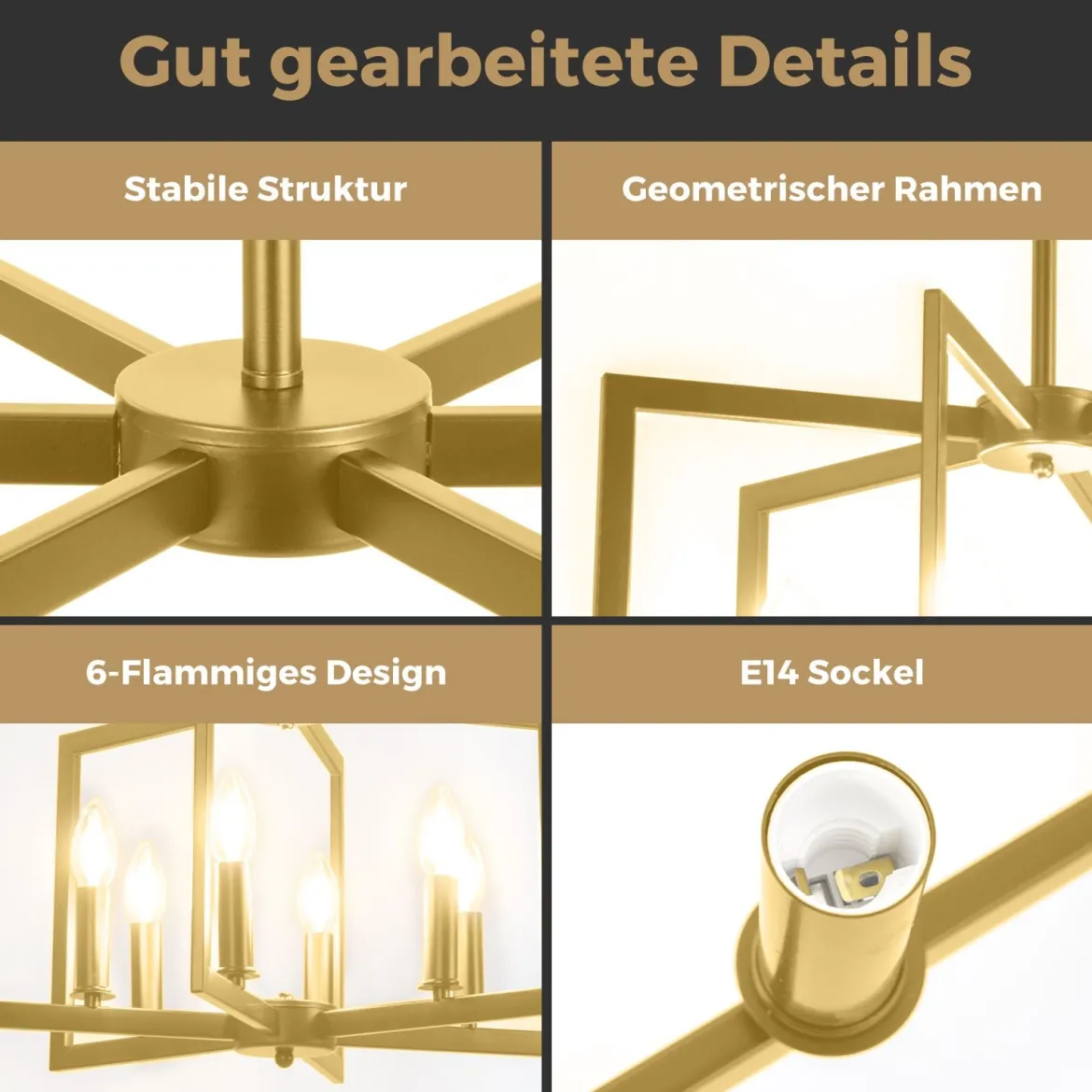 6-flammiger Kronleuchter Deckenleuchte industriell Pendelleuchte mit 67-157 cm verstellbarer Höhe Golden