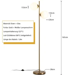2-flammige Stehlampe aus Milchglas mit 2 Glühbirnen & Fußschalter Moderne Stehleuchte Golden