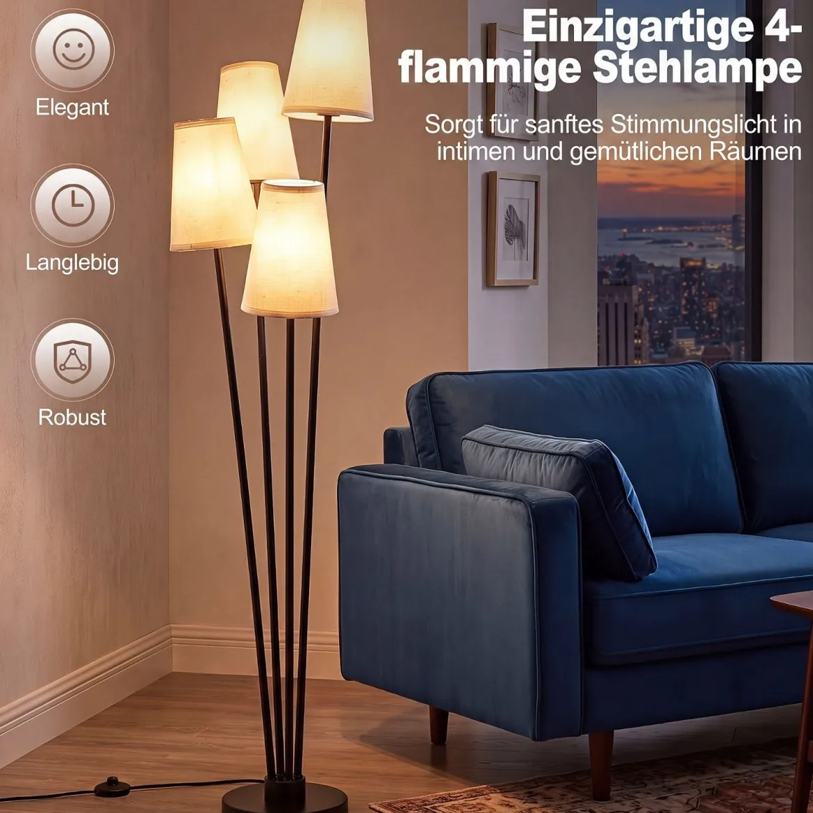 4-flammige Stehlampe mit Fußschalter & 4 Lampenschirmen Moderne Bodenlampe 25 x 25 x 160 cm