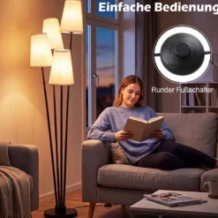 4-flammige Stehlampe mit Fußschalter & 4 Lampenschirmen Moderne Bodenlampe 25 x 25 x 160 cm